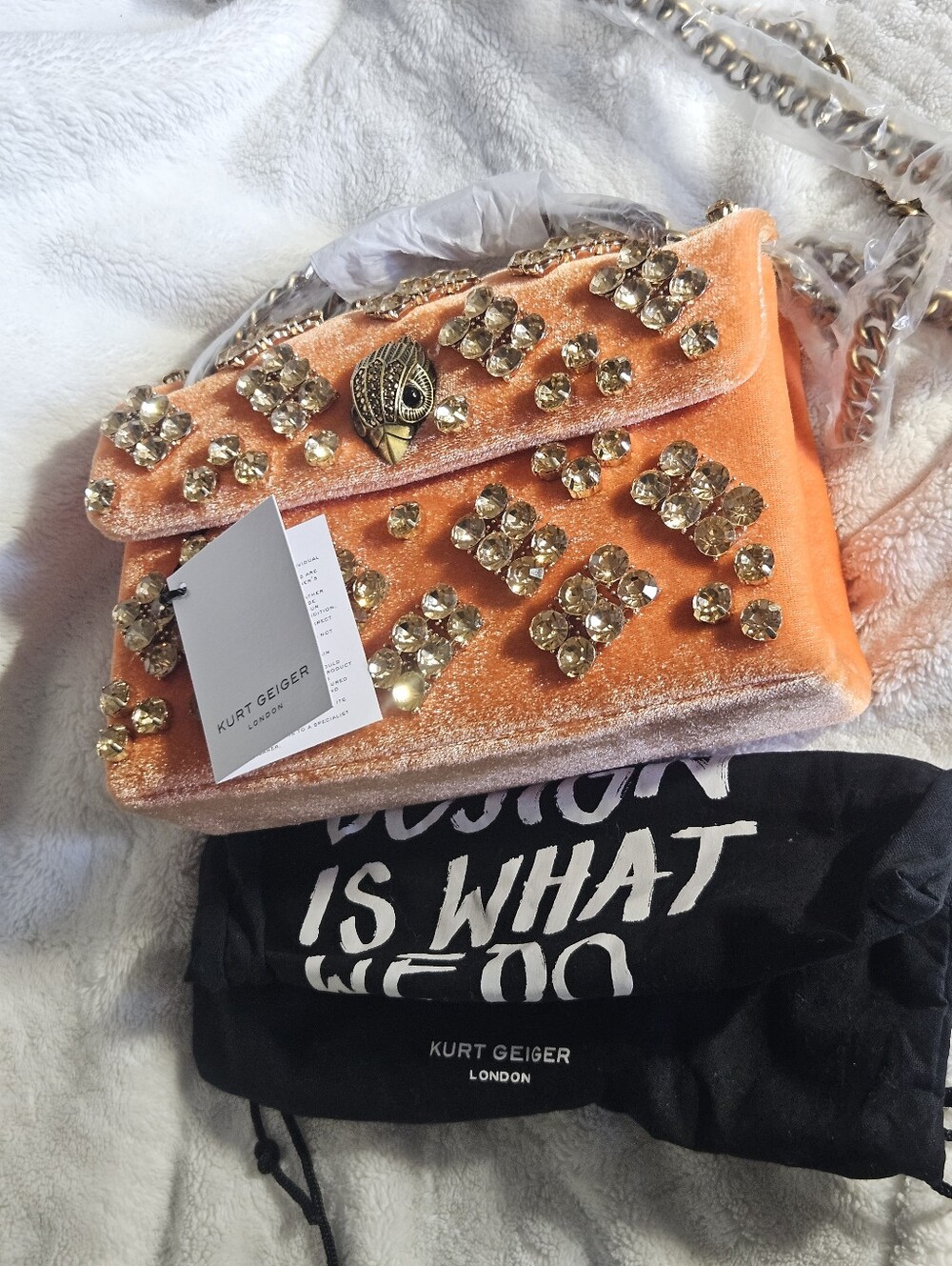 Kurt Geiger Orange Velvet Mini Bag with Crystal Embellishments - Picture 5 of 12